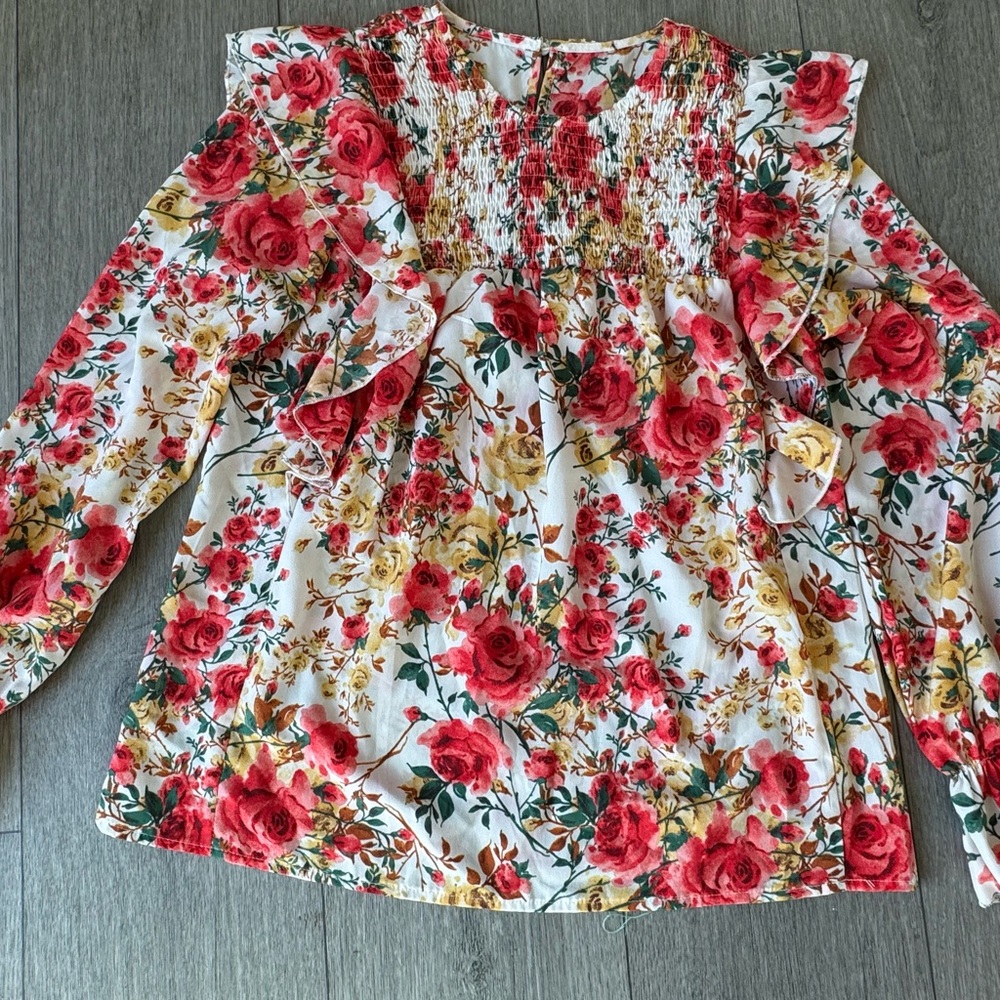 Smocked Ruffle Floral Blouse in Red and Yellow